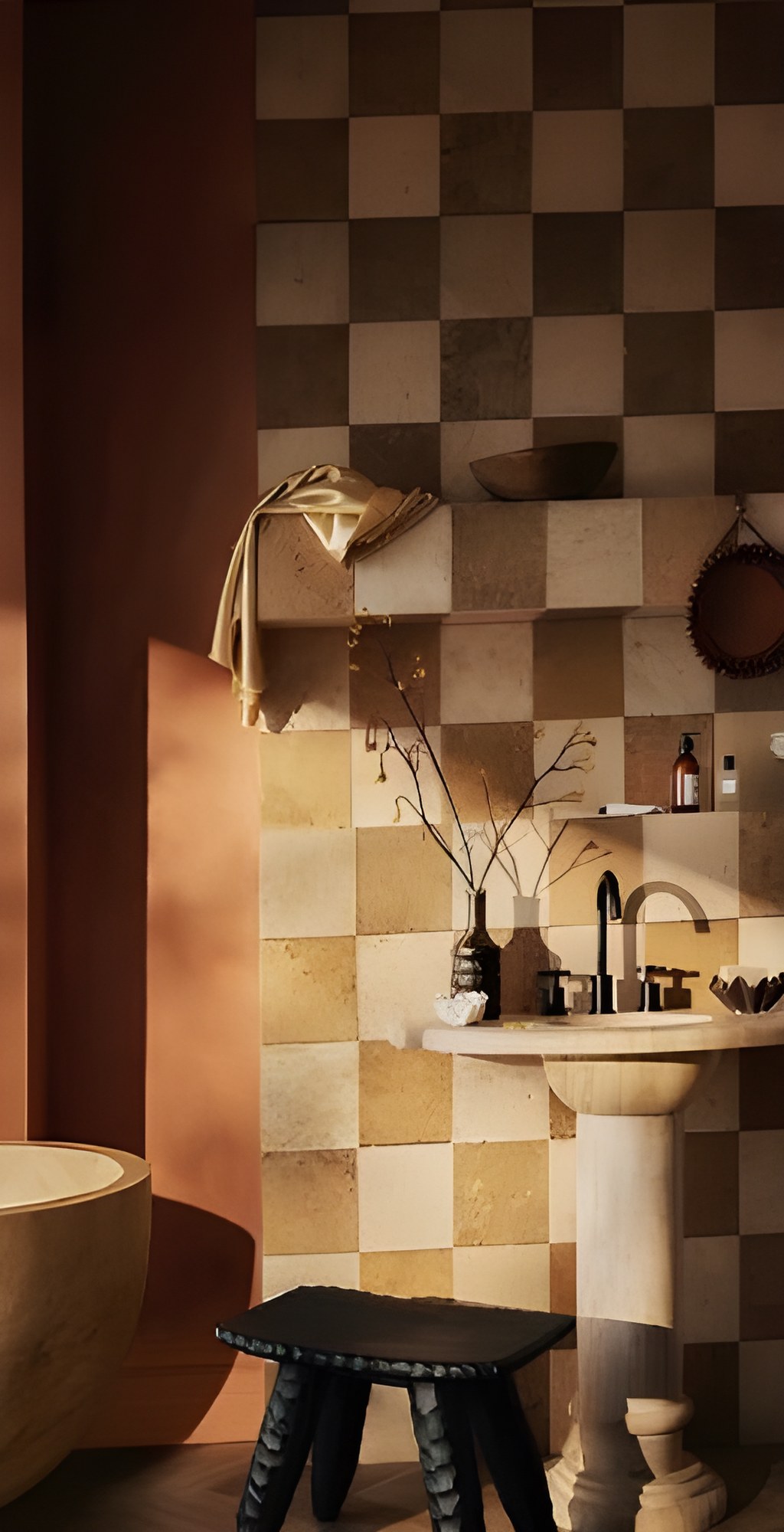 Salle de bain en carreaux de terre cuite, vasque sur pied